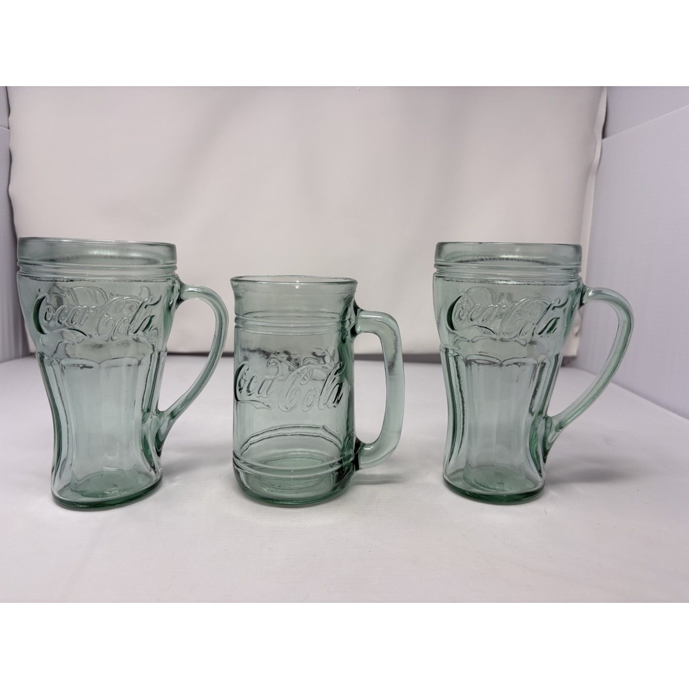Libbey Vintage Coca-Cola Green Glass Mug Stein Set of 3 Handles Barware Heavy